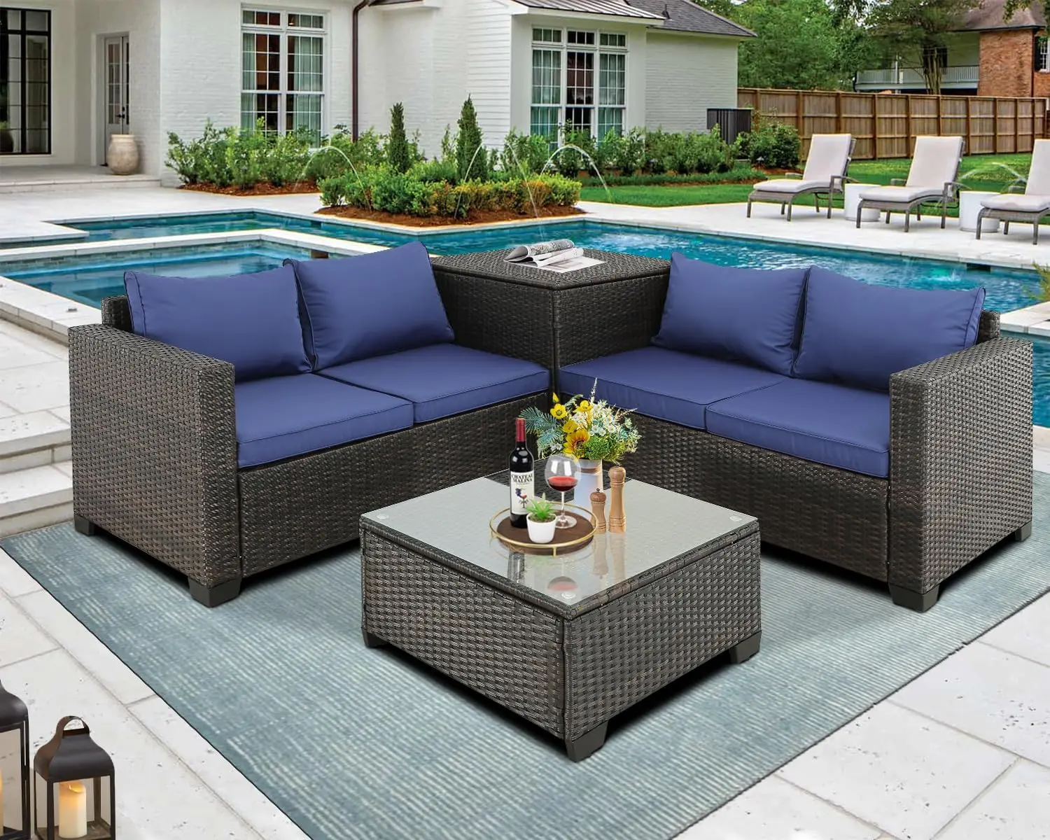 Outdoor PE Wicker Patio Furniture Set Rattan Sectional Loveseat Couch Set Conversation Sofa with Storage Box Glass Top Table