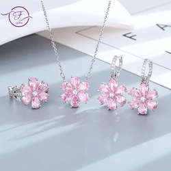 925 Sterling Silver Wedding Ring Women Pink Flower Bracelets Earrings Necklace Rings Fashion Jewelry Sets