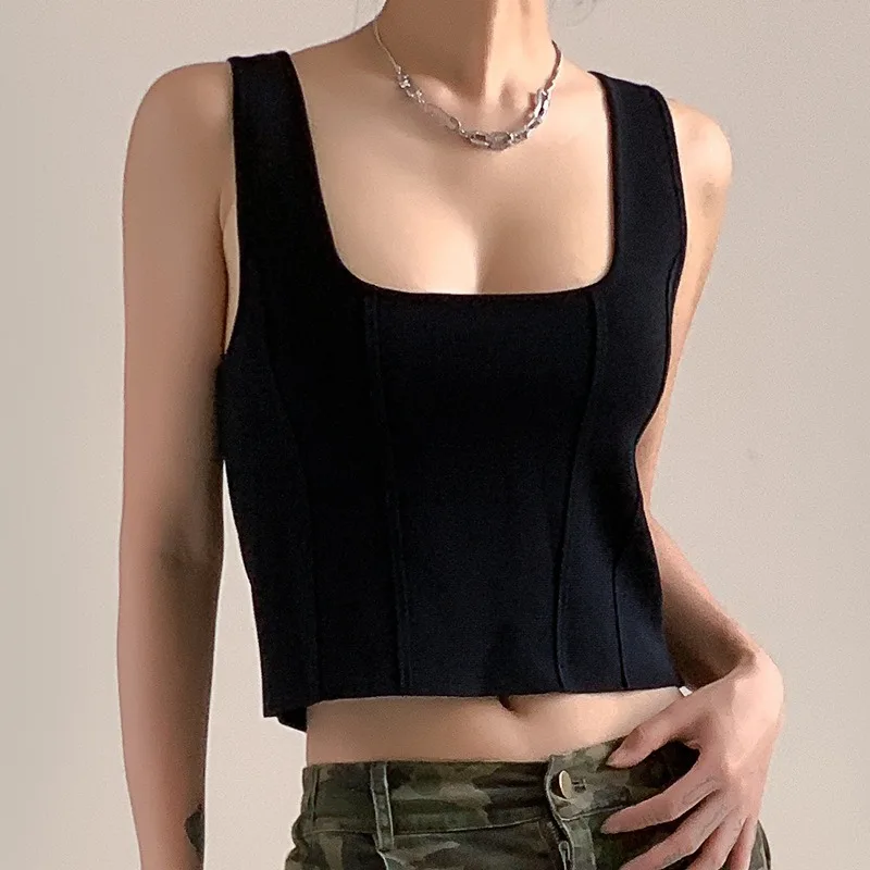 

Luxury Solid Color Tank Top Women Streetwear Y2k Tops Sleeveless Summer Knitted T Shirts Square Neck Crop Top Fashion Women Tee