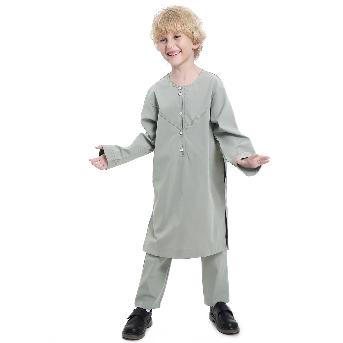 Thobe-Conjunto de traje musulmán elegante para niños, Camisa larga Abaya con pantalones, color Beige, gris, café, blanco, TH879