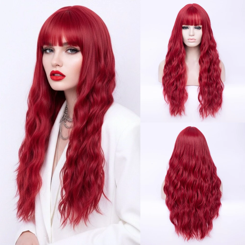 

Red Long Curl Synthetic Wig with Bang Heat Resistant for Women Party Daily Wear Halloween Party