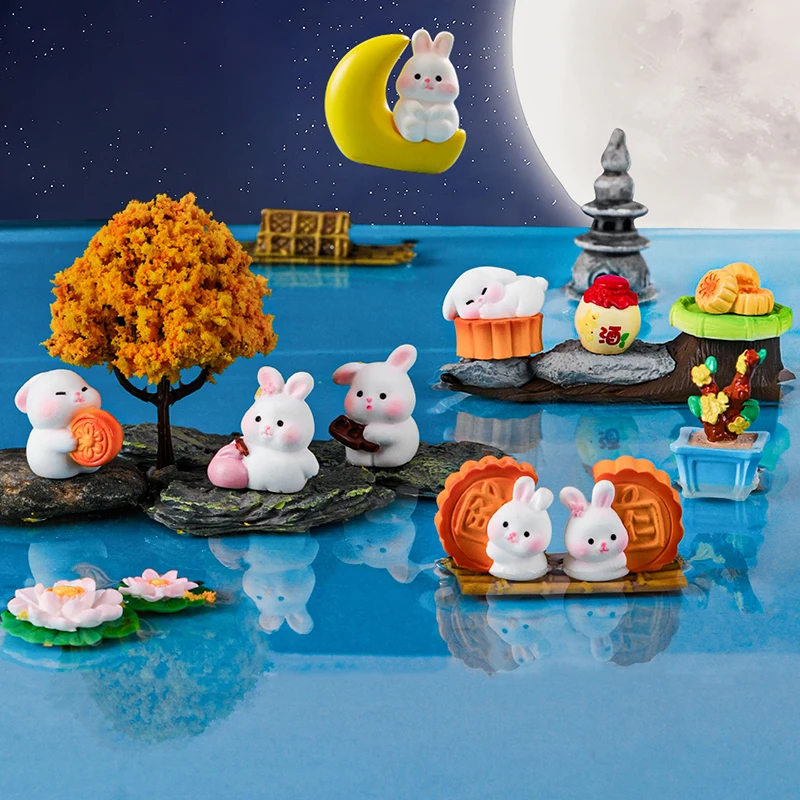 Mini Moon Festival Ornament Cartoon Bunny Mooncake Micro Landscape Ornament Car Interior Home Desktop Decoration