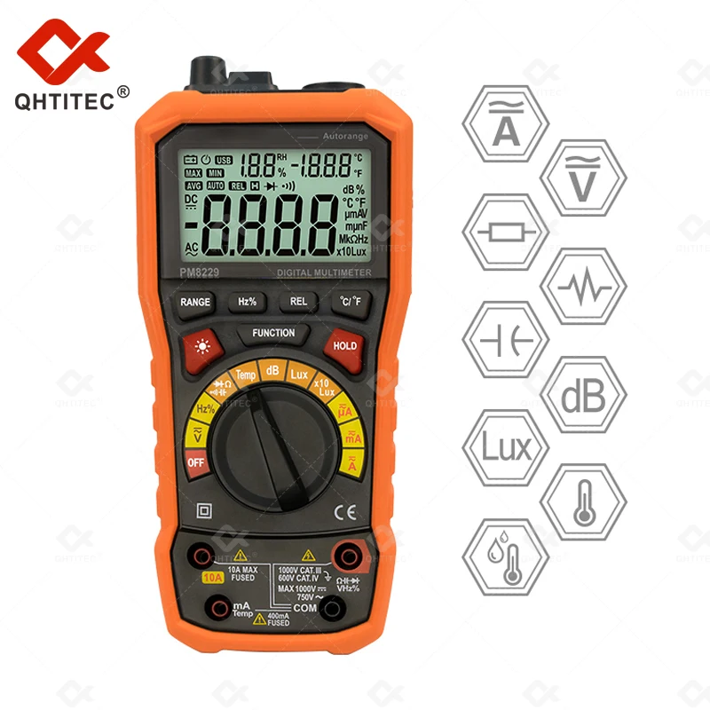 QHTITEC Multimeter PM8229 Multimetro Tester Digital Multimeter 6000 Counts Auto Ranging AC/DC Voltage Temperature Measuring