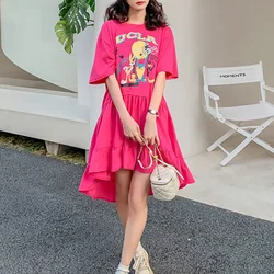 Summer Short Sleeve Oversized Ladies Printing Dresses 2024 New O-neck Irregular Pullovers A-line Skirt Trend Women's Clothing