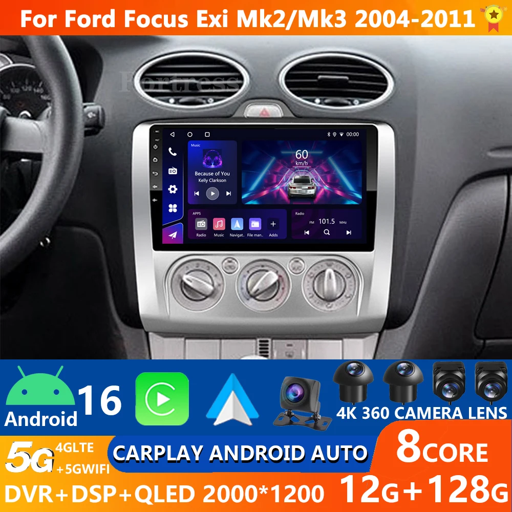 Автомобильный радиоприемник Android 16 2K QLED Android для Ford Focus 2 3 Mk2 Mk3 2004-2011, мультимедийный видеоплеер, GPS, стерео, головное устройство CarPlay