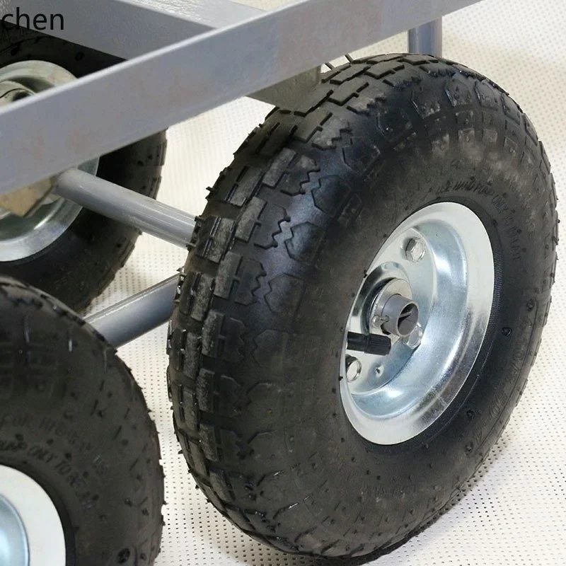 H5.26 hand push and pull goods flatbed truck 4 wheels trolley plastic basket cart inflatable labor-saving large wheel