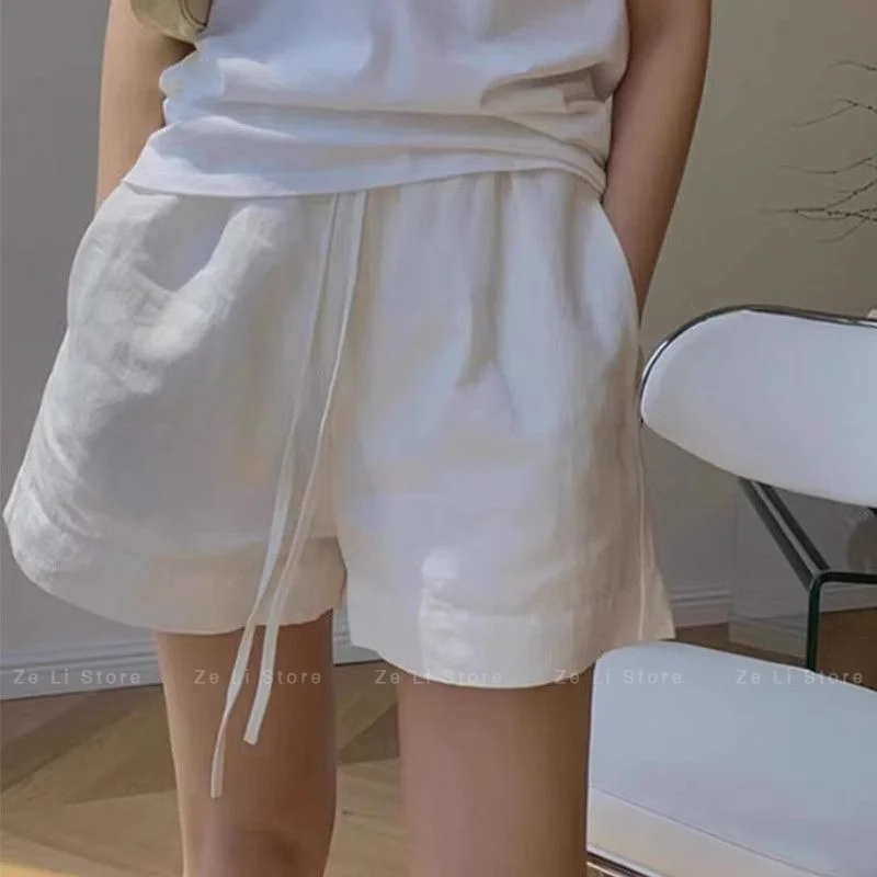 White Cotton Linen High Waist Short Pants Women's Summer Thin Wide Leg Casual Five-Point Pants Breathable Comfortable Skinniness