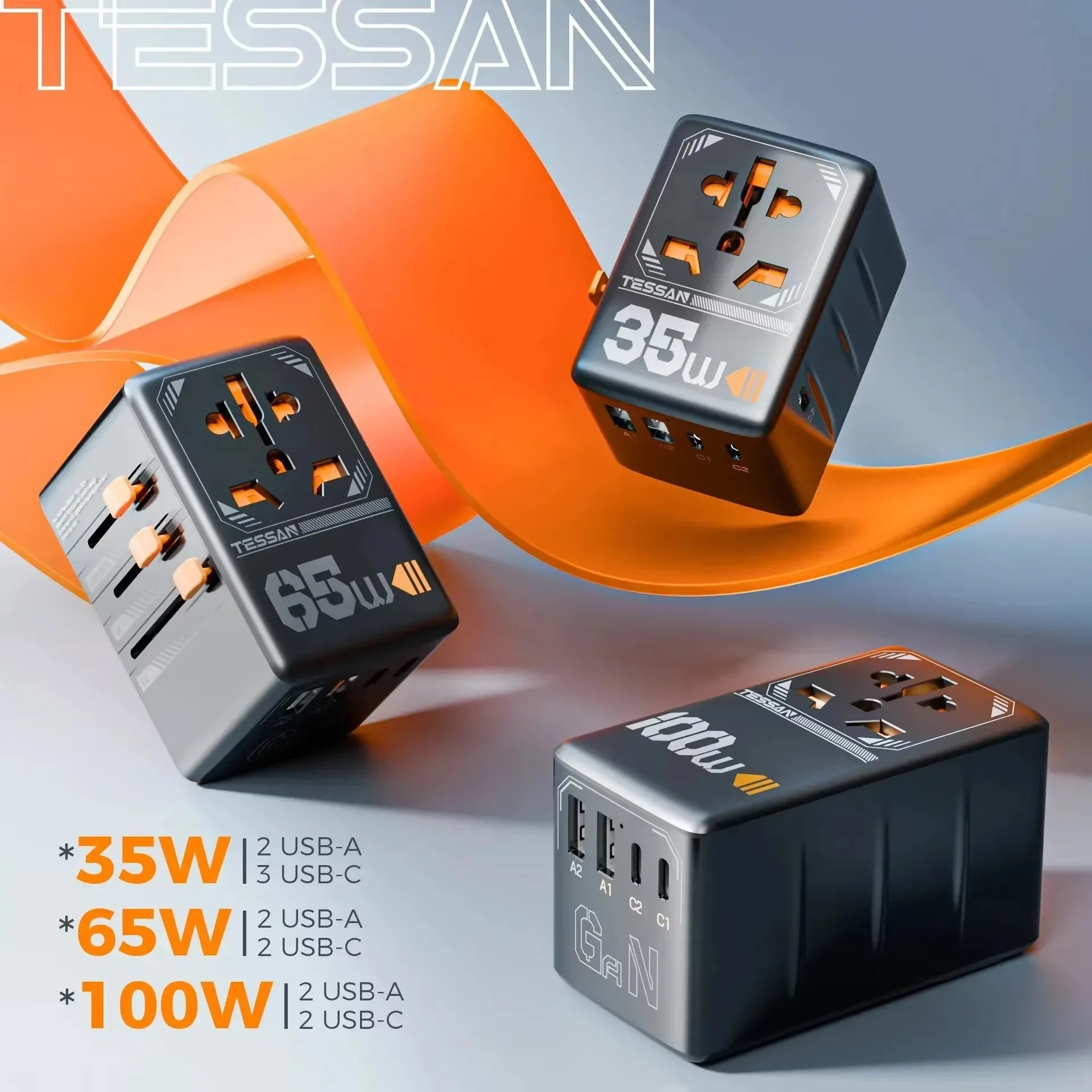 Adaptador de viaje Universal TESSAN 100W GaN con USB y tipo C adaptador de enchufe internacional de carga rápida enchufe UE/REINO UNIDO/EE. UU./AUS