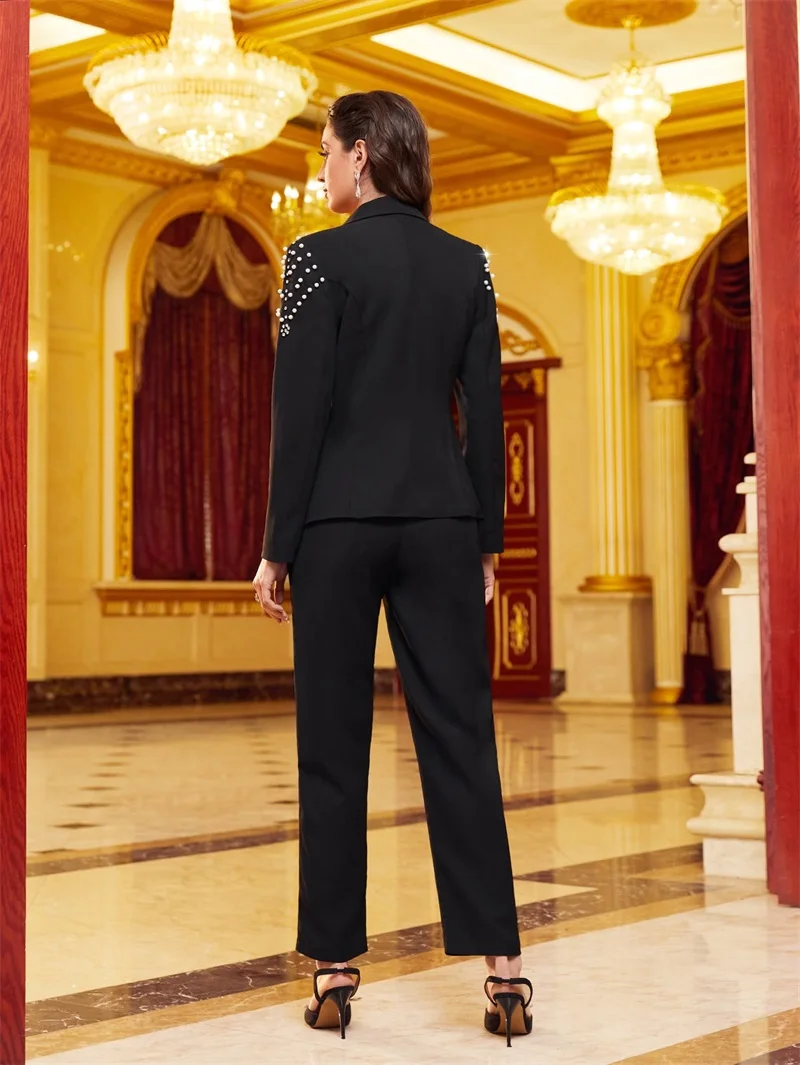 Ensemble de olympiques de luxe pour femmes, blazer à manches longues et pantalon droit, revers pointu à un bouton, perles, sur mesure, formel, dame de bureau, 2 pièces