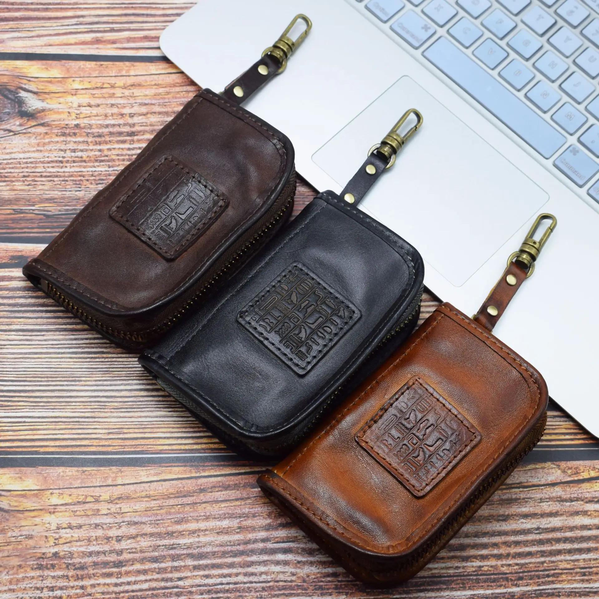 Hand Washed Vegetable Tanned Leather Key Holder Large Capacity Car Keys Storage Bag Retro Japanese Style Multi Functional Doo...
