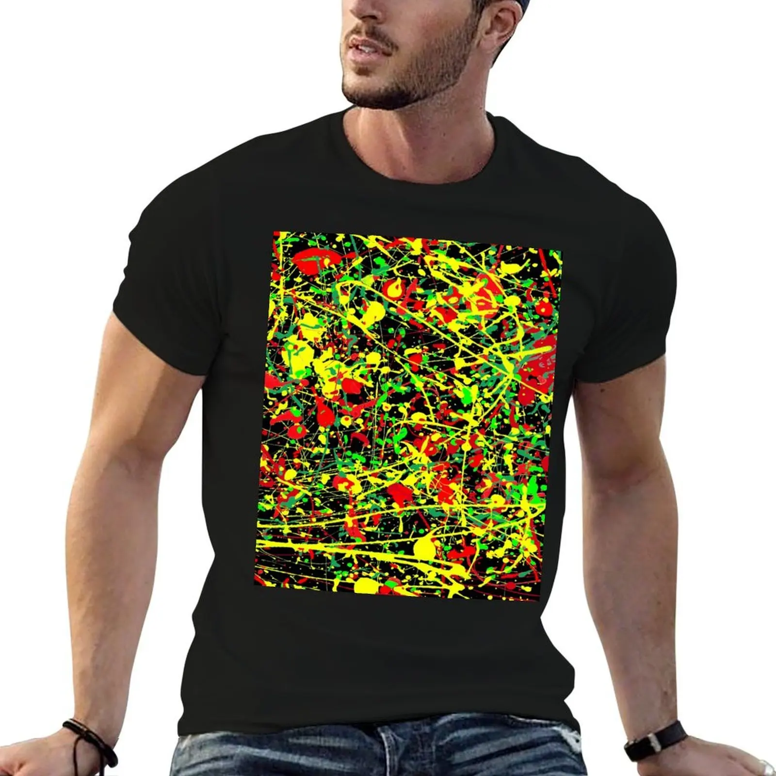 Rasta Splattered Paint in Jackson Pollock Style T-Shirt summer tops cotton man t-shirts funny t shirts men