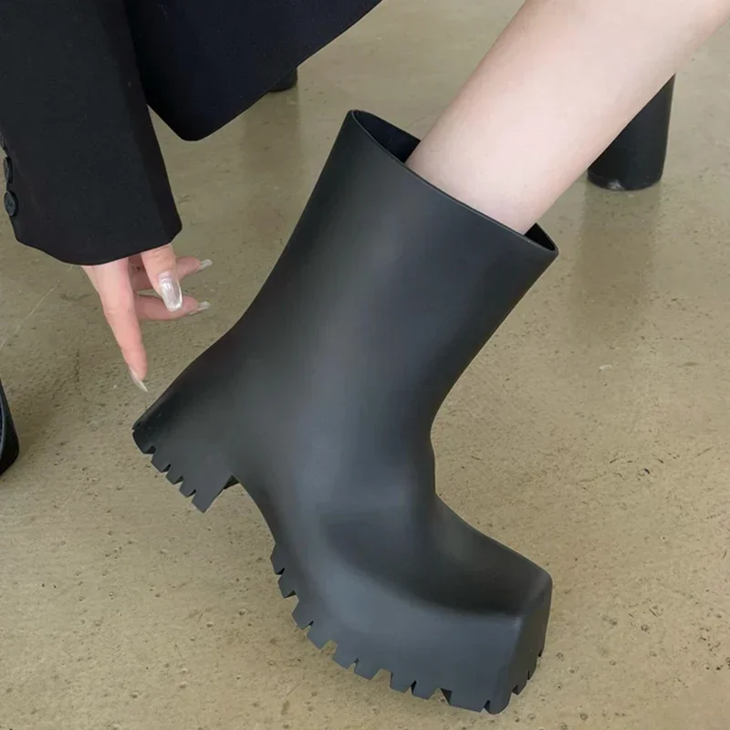 High Quality Soft Leather PU Ankle Boots Women Fashion Waterproof Non-slip Chunky Platform Boots Designer Rain Boots Botas Mujer view 4