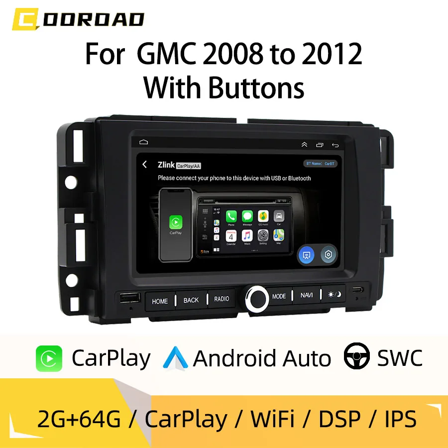 7“Android Car Radio For GMC 2008 to 2012  With Buttons Wireless CarPlay Android Auto GPS Nav Bluetooth Steering Control