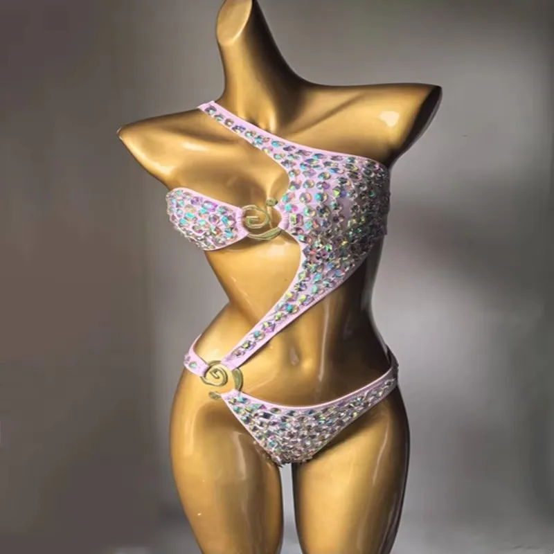 Damski strój kąpielowy bikini z kryształkami, czarno-różowy, jednoczęściowy, na plażę, do klubu nocnego, baru, dla DJ-a, do tańca na rurze, kostium sceniczny ﻿