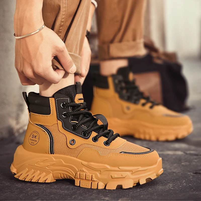 New Autumn Men Breathable High Top Work Shoes, Korean Style Versatile Thick Sole Anti-slip Hiking Boots for Men
