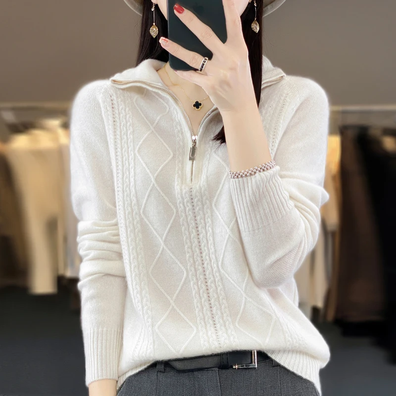 100% Merino Wool Women\'s Turtleneck Sweater Autumn Winter Casual Knit Loose Top Fashion Zipper Half Open Neck Cashmere Pullover