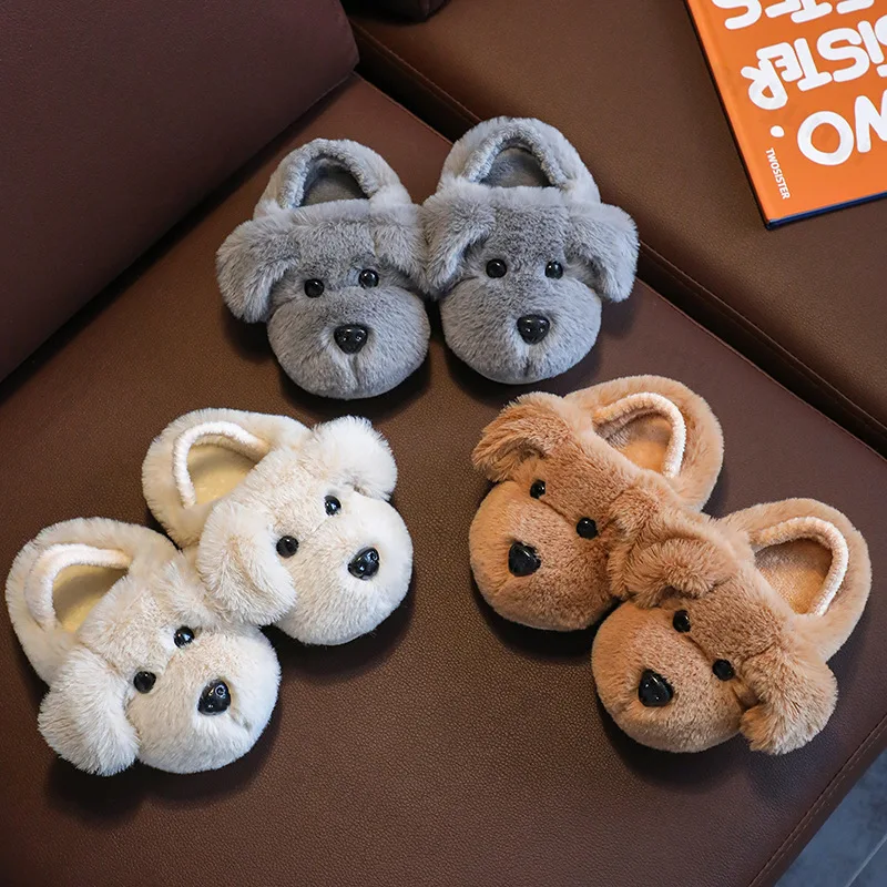 

Children Slippers Cute Dog Cartoon Fluffy Baby Cotton Slippers 2025 Winter New Warm Comfortable Indoor Plush Floor Home Slippers