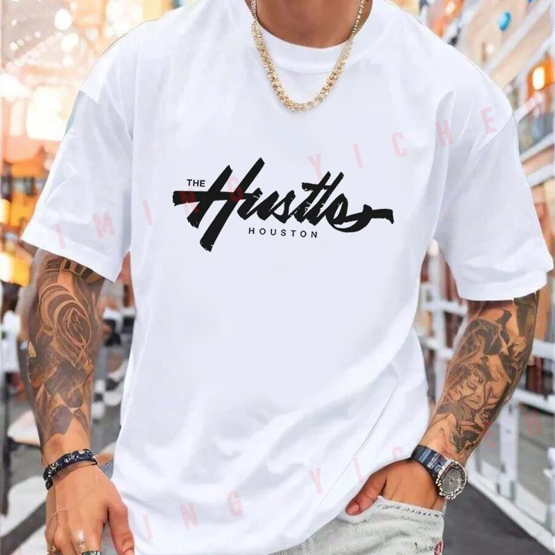 Hustle Houston Graphic Motorcycle T-Shirt Men Hip Hop Streetwear Unisex Casual Fashionable Short Sleeve Tops