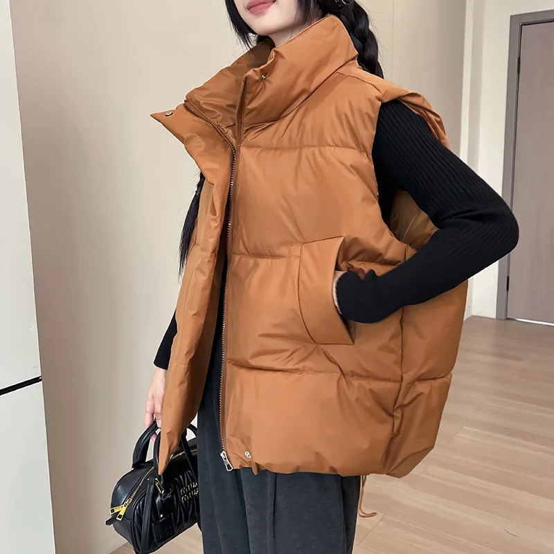 

Winter Loose Warm Sleeveless Jacket Women Korean Simple Versatile Cotton Vest 2025 Fashion Stand Collar Cropped Zip Up Waistcoat