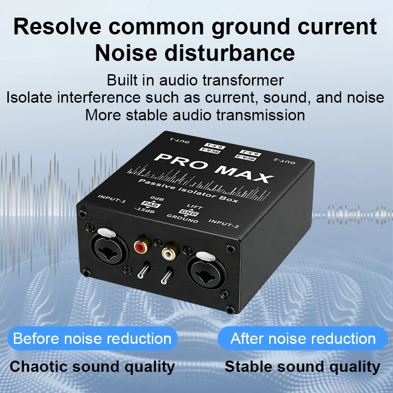Audio Isolator Noise Reduction DI Box 6.35mm to XLR Stereo Noise Eliminator for Guitar Sound Card Mic
