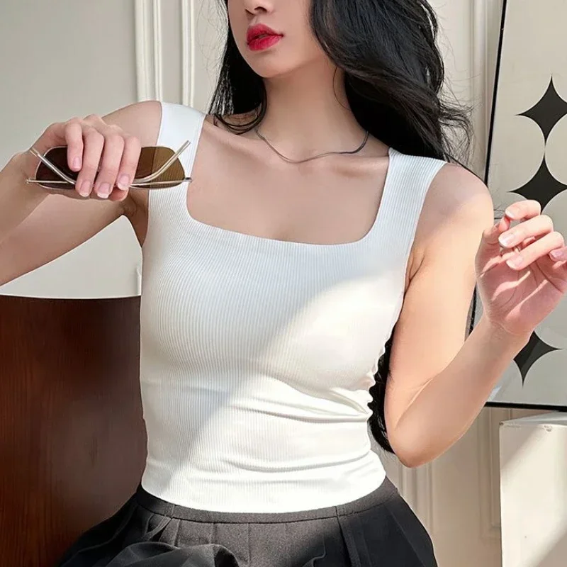 Nude Wide Shoulder Camisole Square Neck Beautiful Back Threaded Vest Women's Seamless One-piece Fixed Cup Casual Solid Tops