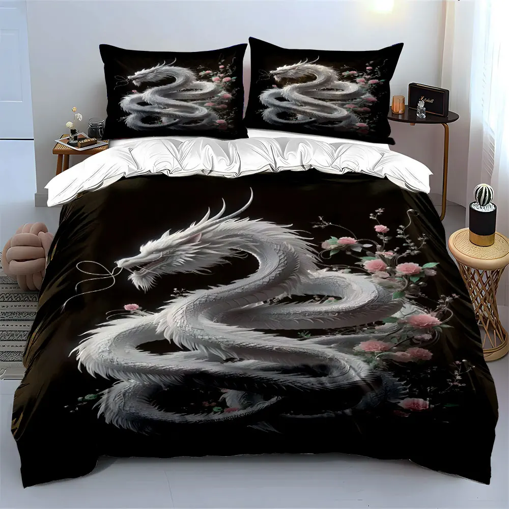 White dragon coiled among blossoms Bedding Set for Kids Luxury Gift 3pcs Digital Print Comforter Set Soft Comfortable 3
