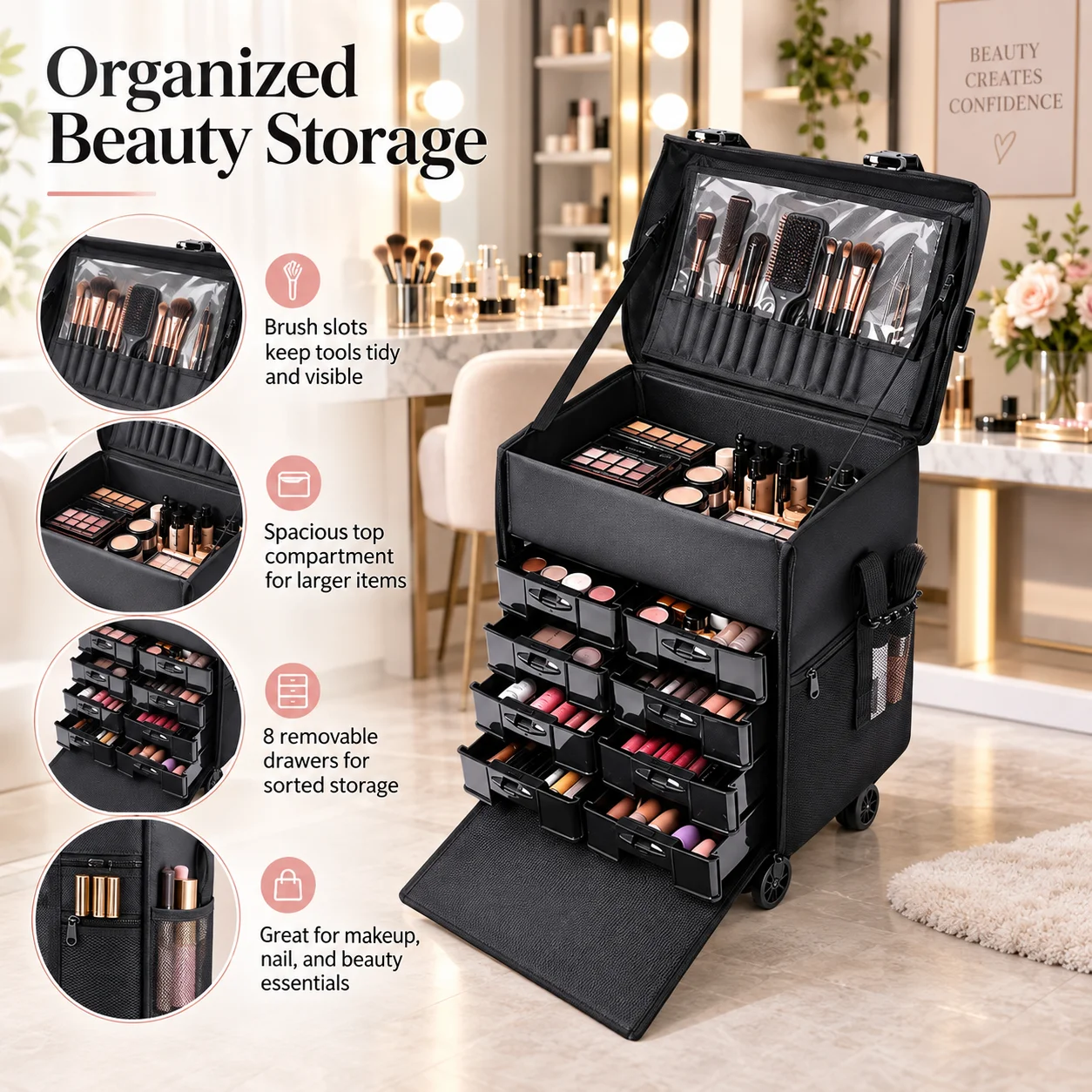 Valigia per il trucco con ruote, carrello per cosmetici con 8 cassetti rimovibili, manico retrattile, scomparti per pennelli, tasche laterali in rete, organizer da viaggio in tessuto Oxford per