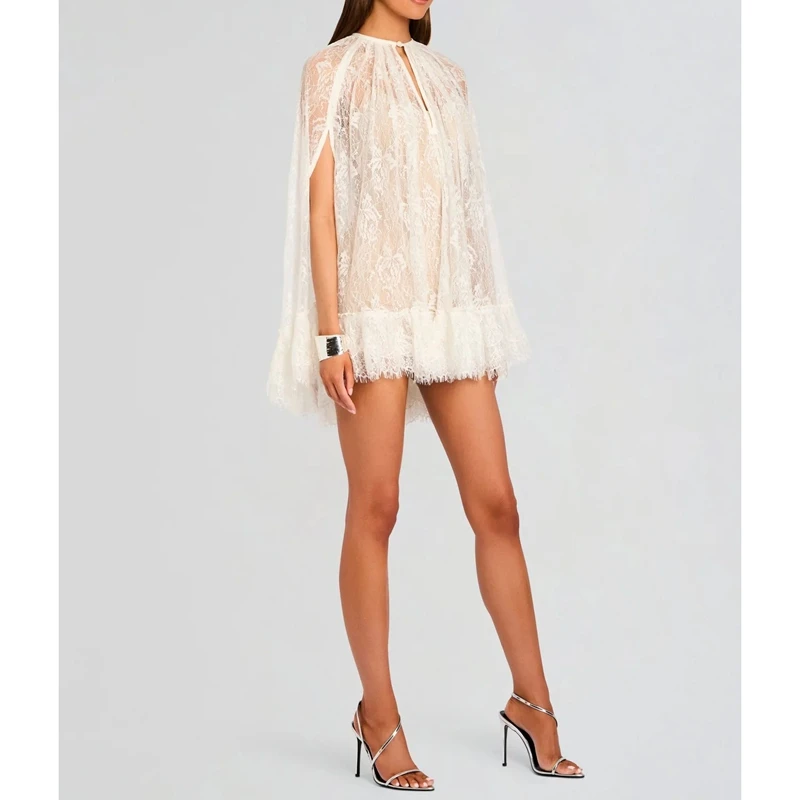 

Women Summer Ruffle Eyelash Hem Mini Dress Floral Lace Mesh Sheer See-through Jacket Y2k Single Button Cover-up Capes