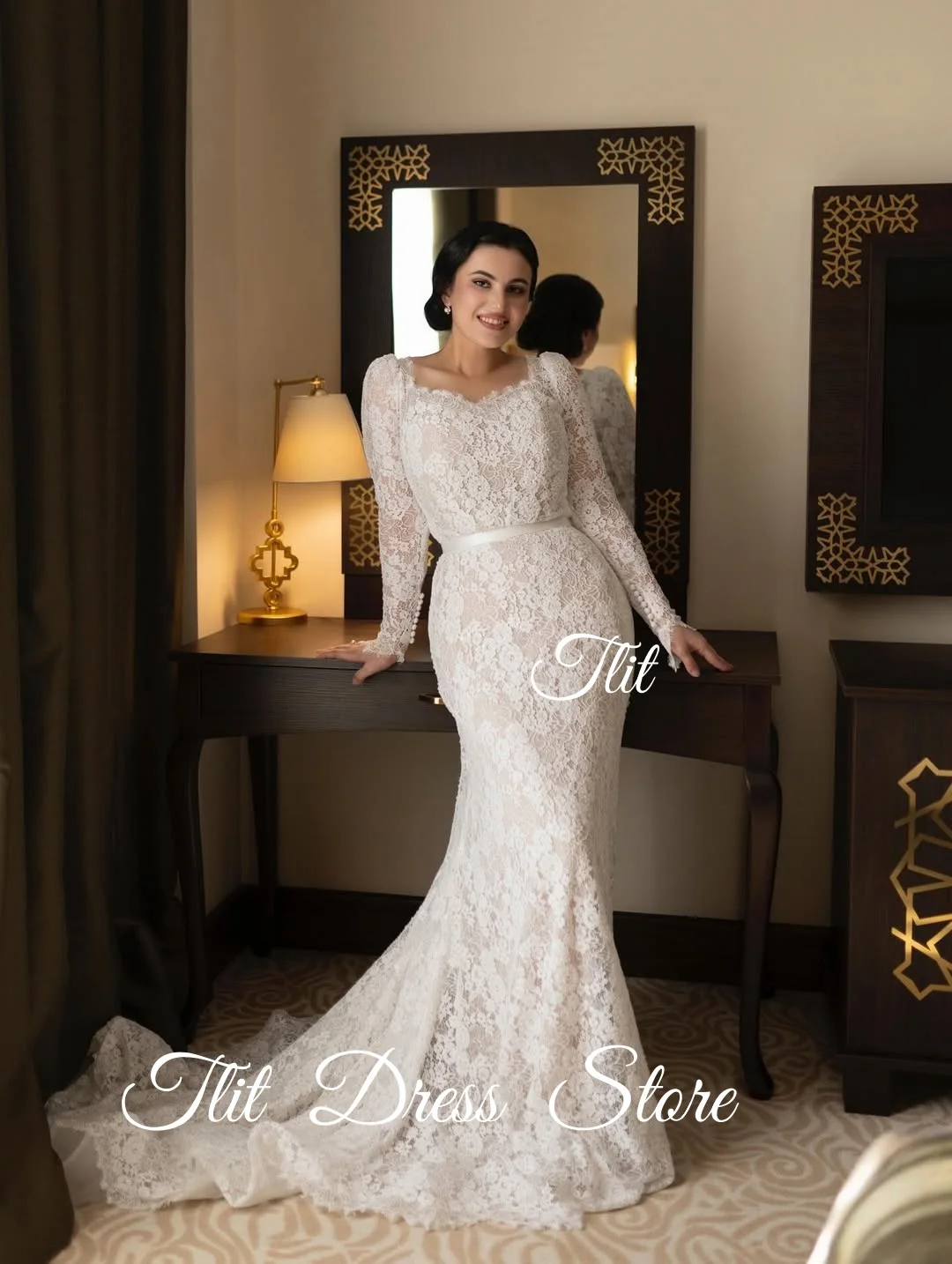 TLIT Modern Marfim Lace A-Line Vestidos de casamento Personalizados Querida فسات jal jazregiões vestidos de noiva de mangas compridas