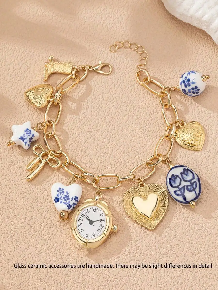 

Charm Bracelet With Ceramic Heart Clock Bow Floral Charms Gold Tone