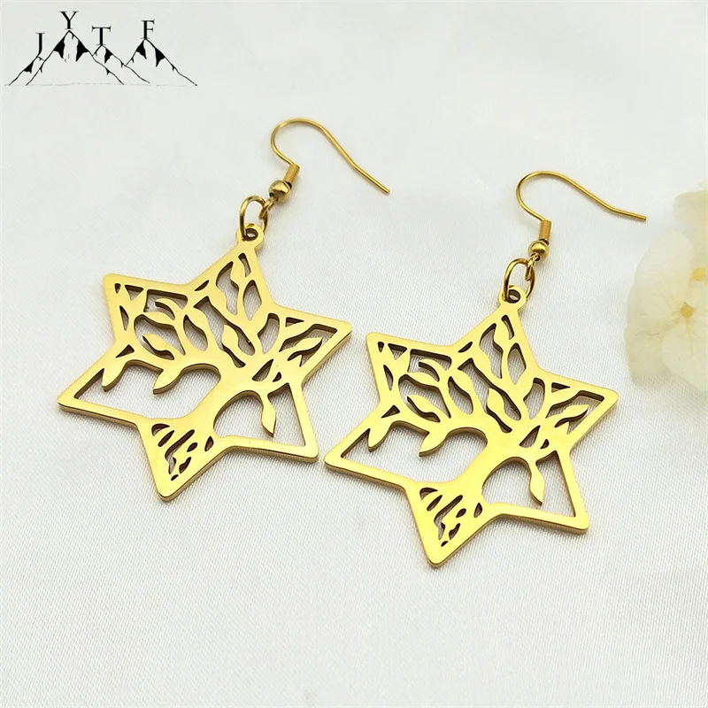 Magen Star of David Tree of Life Drop Earrings for Women Men Gold Color Hollow Pendant Hexagram Plant Earring Jewelry Gift