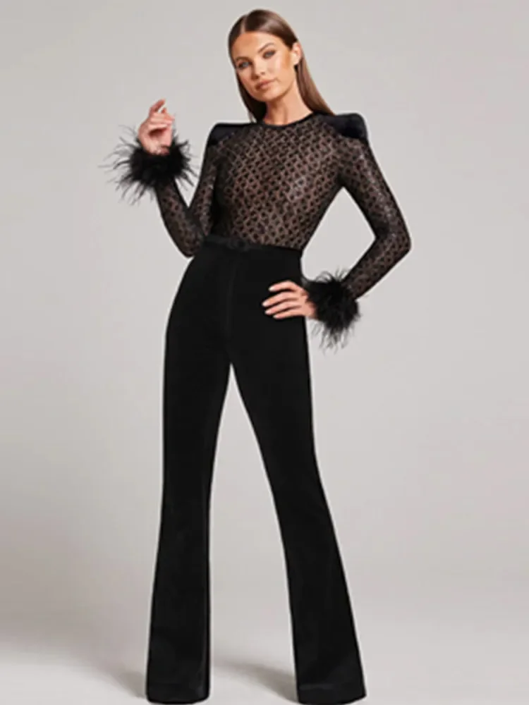 Chic Women Luxury Sexy Long Sleeve Sequins Feather Black Bodycon Bandage Jumpsuit 2024 Celebrity Designer High Street Rompers