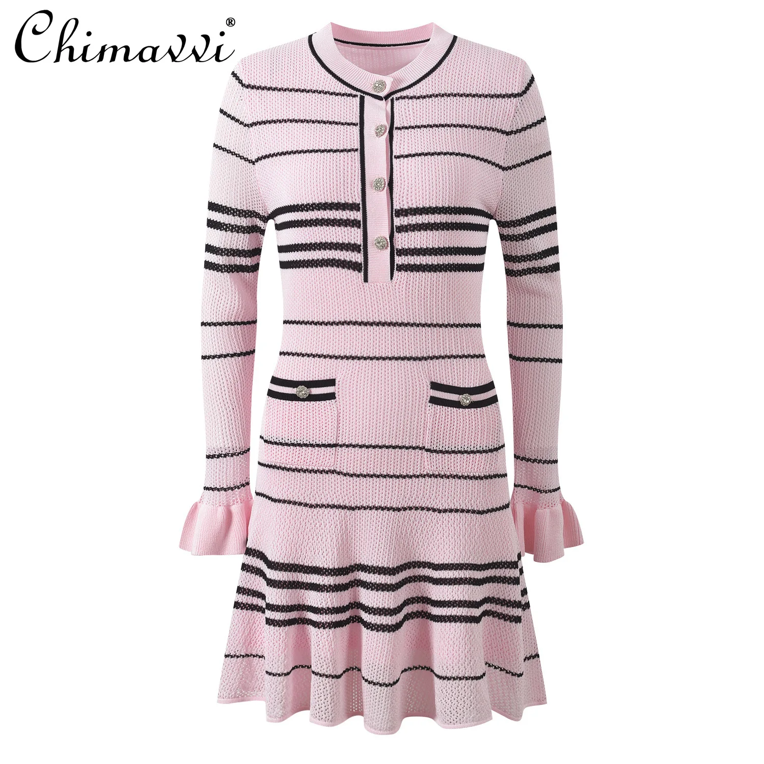 

2026 Spring New High-end Fashion Color Block Striped Slim Round Neck Flared Sleeve Knitted Mini Dress Elegant Women Short Dress