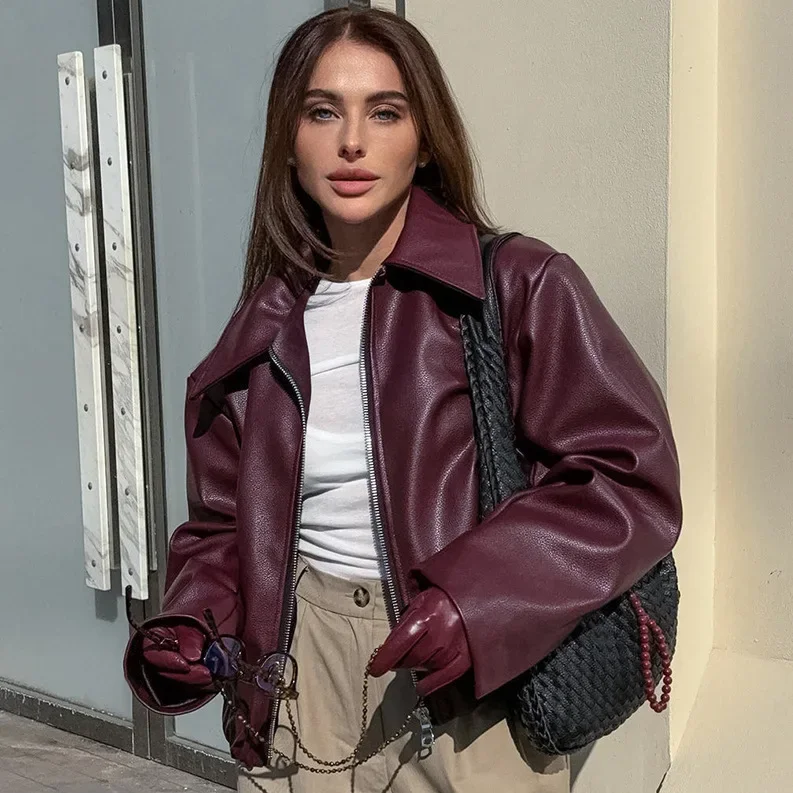 Female Burgundy Bomber Jacket Women Clothing Turn-down Collar Leather Jackets 2024 Autumn Winter Coat Lady Bomberjacks Streewear