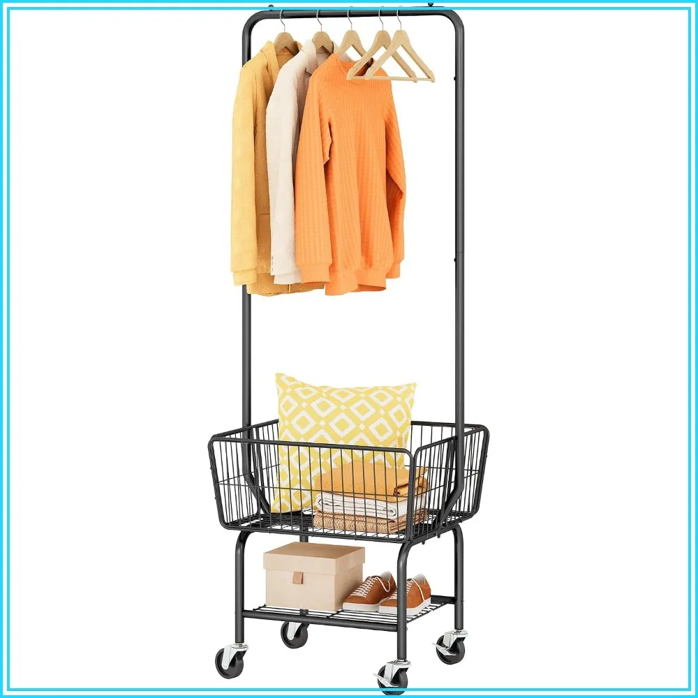 

Laundry Cart with Hanging Rack, Metal Laundry Basket with Wheels, Hamper with Storage Basket and Shelf, Rolling Cart
