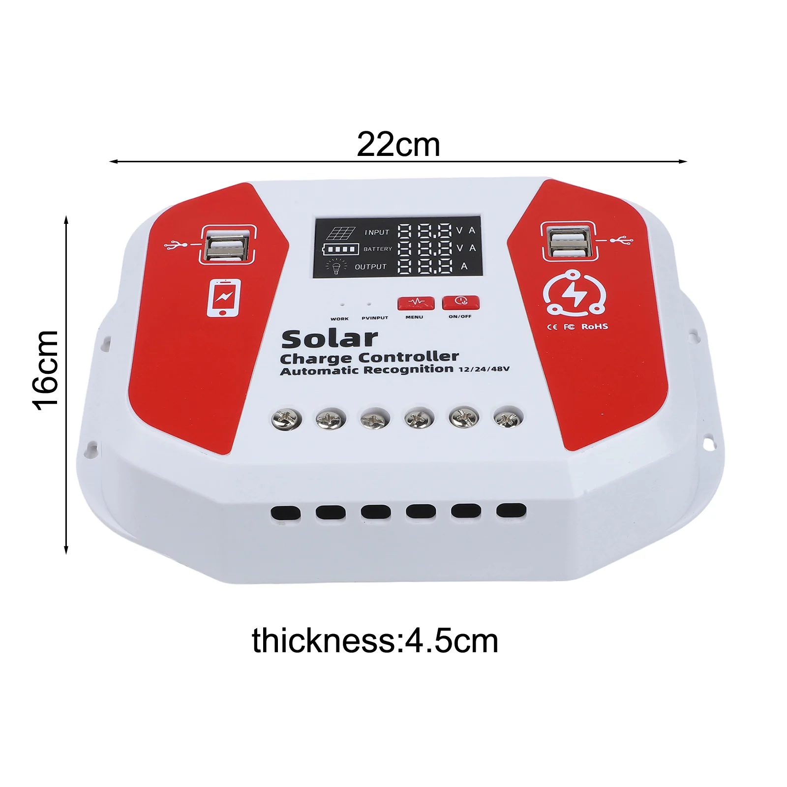 3-Stage Charging 12 24 48V Controller 4x USB 5V 2A Outputs Automatic Voltage Recognition Lcd Solar Charge Controller