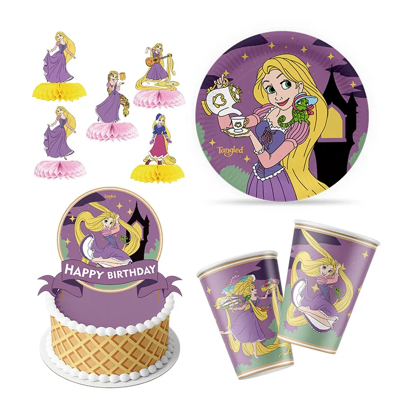 Disney Rapunzel festa di compleanno piatto doccia per bambini paglia a nido d\'ape decorazione per feste palloncino adesivo spilla bottiglia d\'acqua