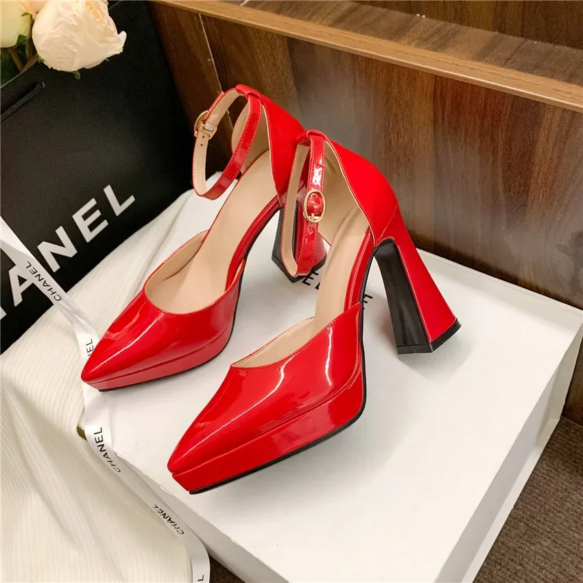 Red Black Patent Leather Platform Pumps Women High Chunky Heels Office Party Dress White Summer Ankle Strap Pointed Toe D\'Orsays