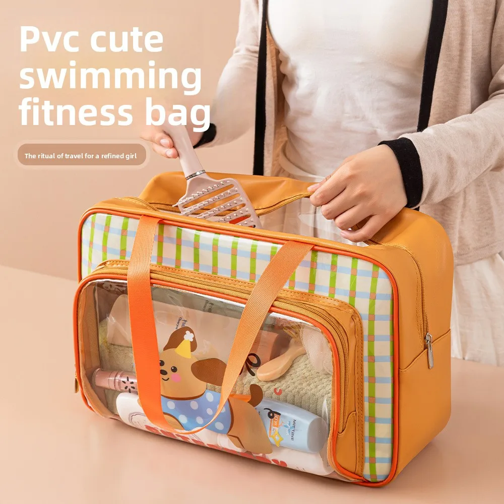Cute Style PVC Swimming Bag Wet Dry Separation Double Layer Transparent Storage Pouch Sports Fitness Handbag for Outdoor Use