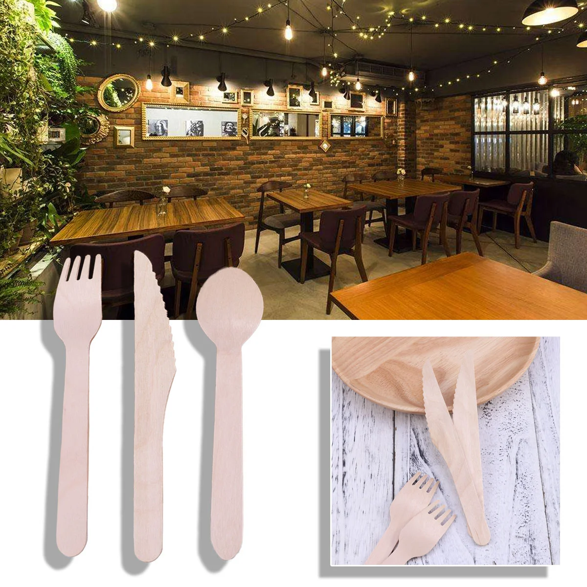 150pcs 나무 포크 숟가락 커터 세트 일회용 나무 칼 붙이기구 저녁 식사 바베큐 용 식기 (50pcs 숟가락 50pcs 포크