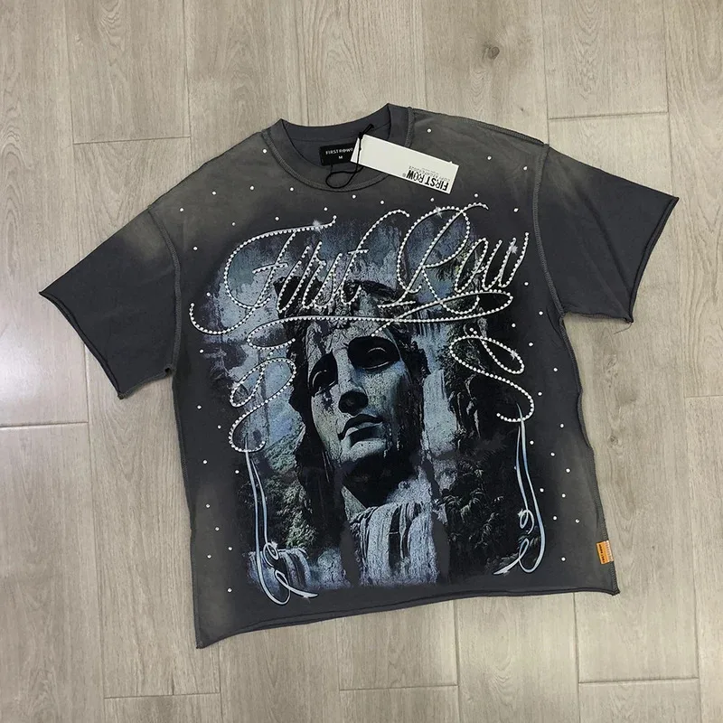 Streetwear Vintage Washed Diamond Cropped Tee for Men Crew Neck Short Sleeve Loose Cotton Rhineston Tshirts Oversized
