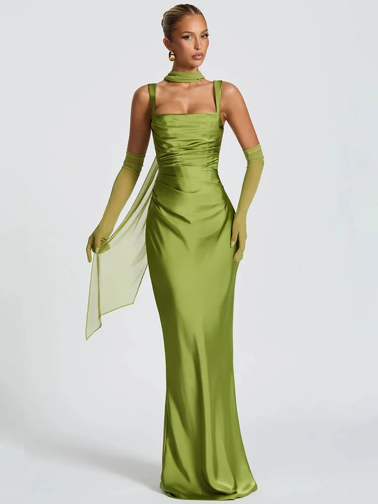 Elegante sem alças cetim vestido longo verde espartilho vestidos sem costas rosa vestidos festa de noite aniversário casamento convidado branco verão
