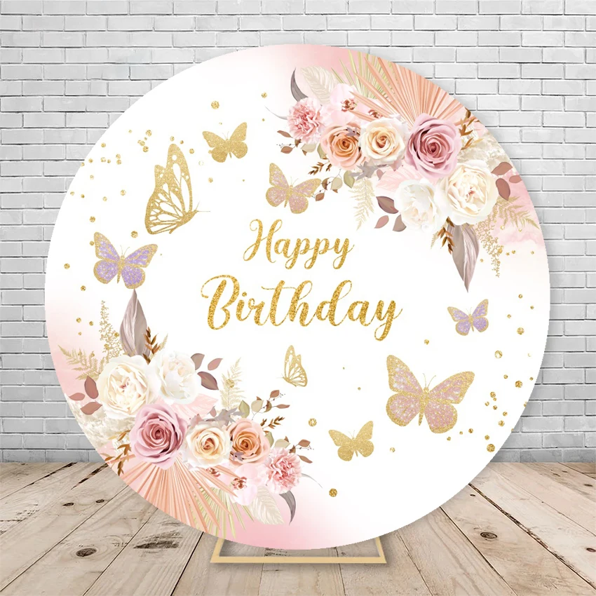 Girl\'s Birthday Round Backdrop Cover Butterfly Flowers Party Decor Baby Shower Photography Backgrounds For Photo Studio