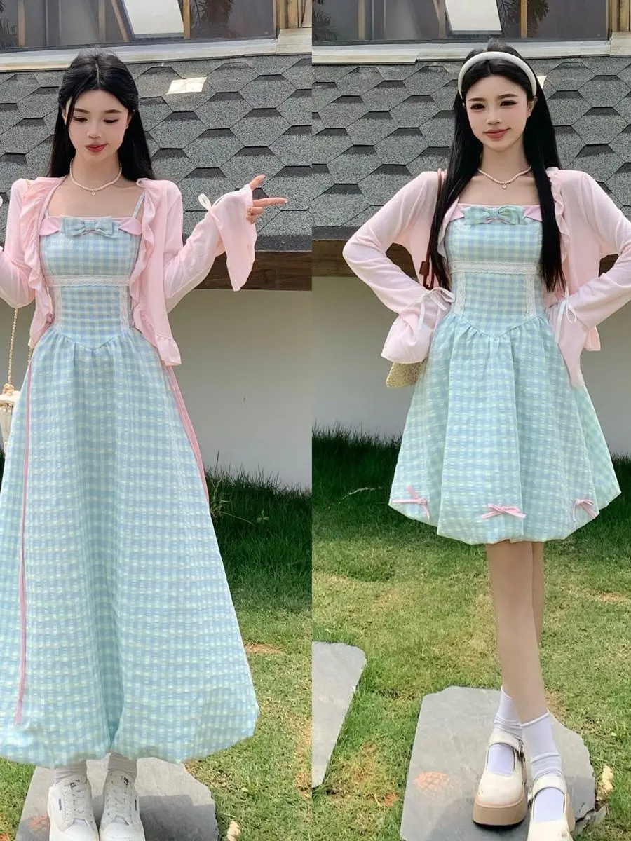 

Женский летний полосатый кардиган больших размеров, розовое длинное платье на бретельках, нежное, милое, из полиэфирного волокна, цвет клубники.