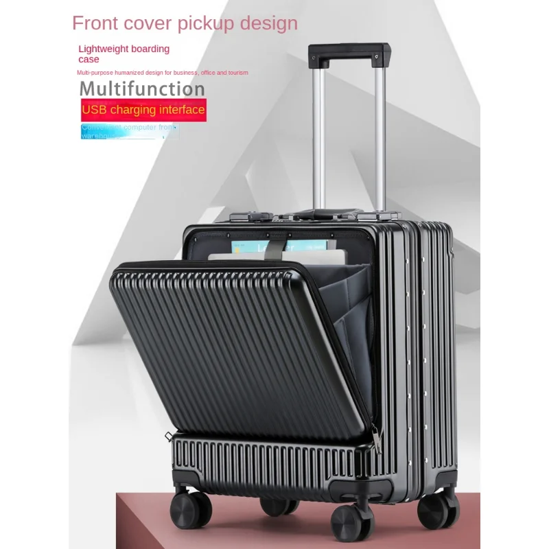 Multi-Functional Front Opening Business Luggage Boarding Bag Aluminum Frame Trolley Suitcase