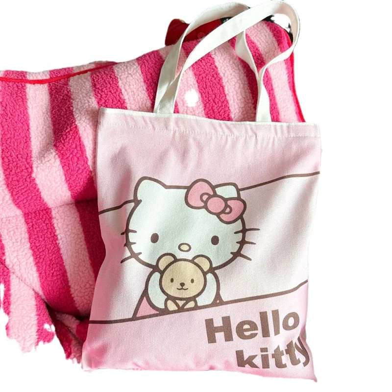 Sanrio Hello Kitty Canvas Bag Zipper Cinnamoroll Student Book Large Capacity Kawaii Handbag 35x40cm Shopping Bag Girls Gifts