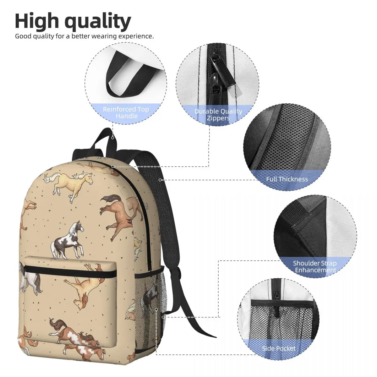 Scattered Horses Spotty On Taupe Backpack Student BookBag Children School Bag Computer Shoulder Bags for Men Women