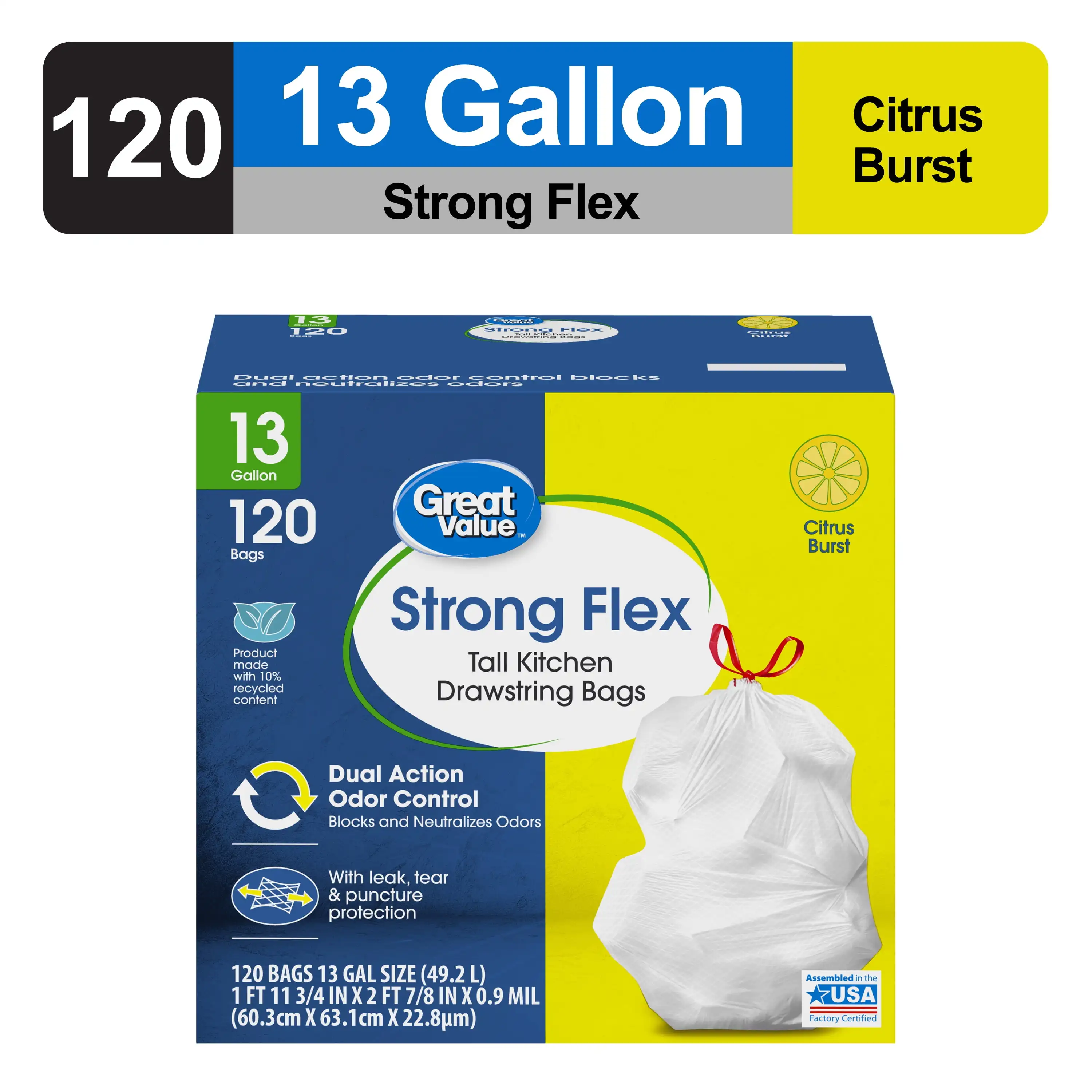 Strong Flex 13-Gallon Tall Kitchen Drawstring Trash Bags, Citrus Burst Scent, 120 Bags Perfect garbage bag for daily use