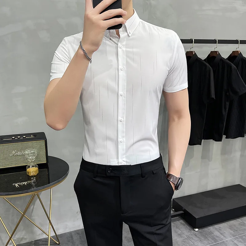 2023 Brand Clothing Men\'s Summer Leisure Stripe Short Sleeve Shirts/Male Slim Fit Business Lapel Shirts Black White S-5XL