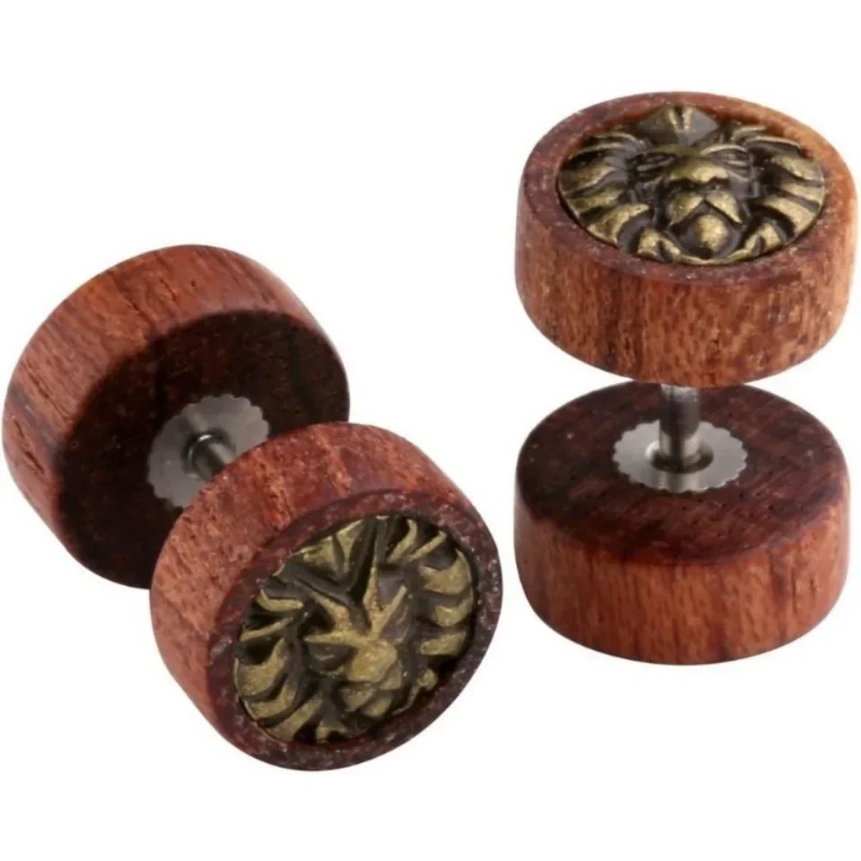 2 Stück Bio-Holz-Löwenkopf/Baum des Lebens/Totenkopf Fake/Alien Fake Ohrringe 16G Illusion Schraubohrringe Piercing Schmuck 10mm – Detail 5